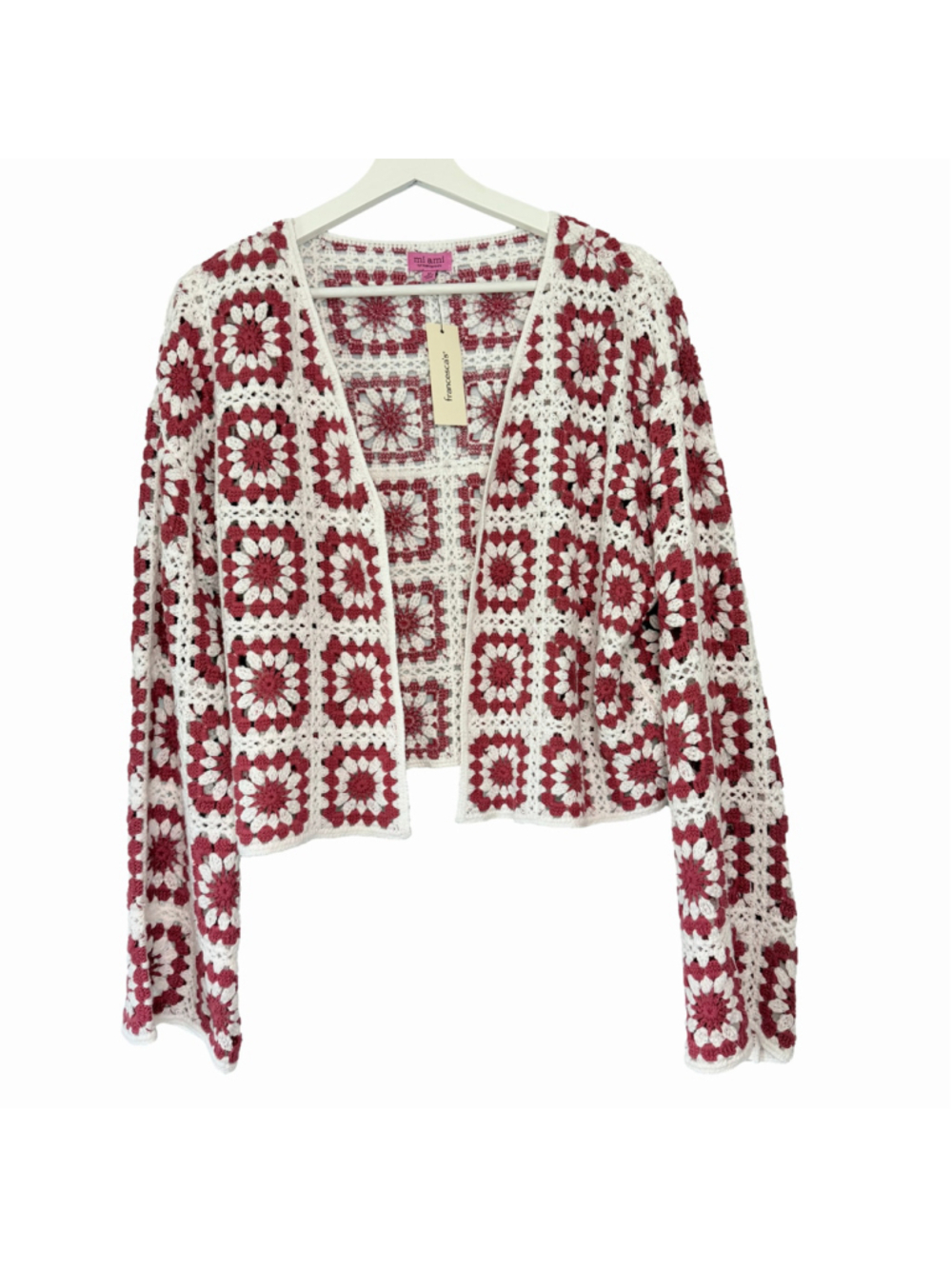 Francesca's New Granny Square Crochet Cardigan White Burgundy Women's Size M